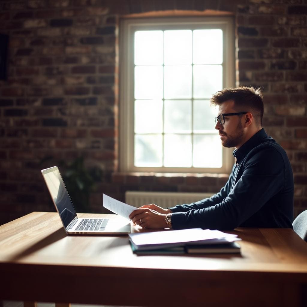 A New Zealand small business owner reviewing loan documents at a wooden desk by a window