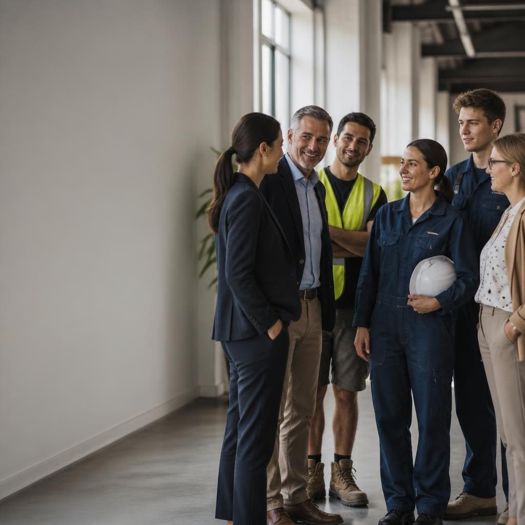 A small New Zealand office team gathered around a table in a bright modern workplace