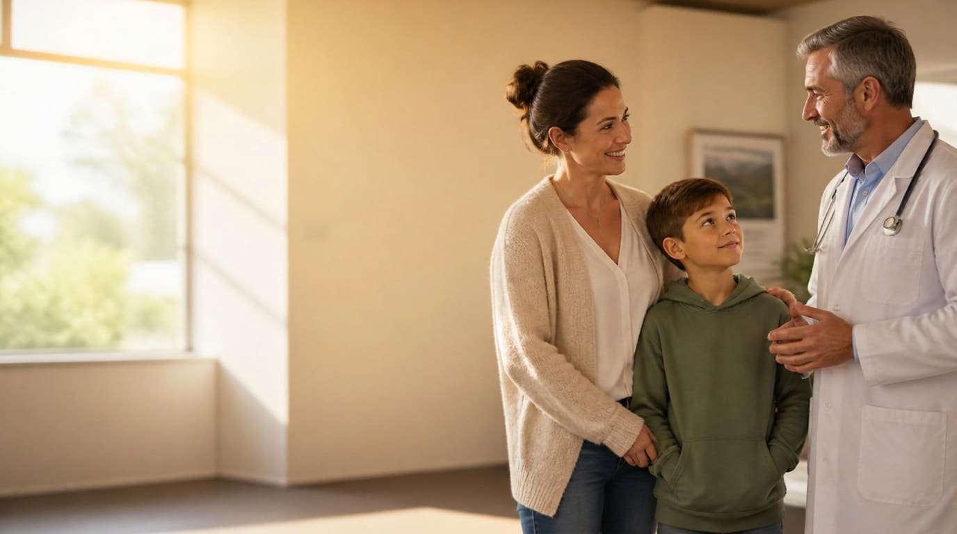 A New Zealand mother and child in a light-filled specialist consulting room speaking with a doctor