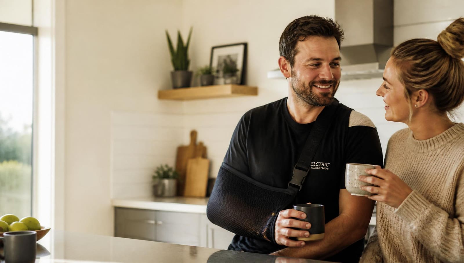 A New Zealand tradesperson with his arm in a sling sharing coffee with his partner in a bright kitchen