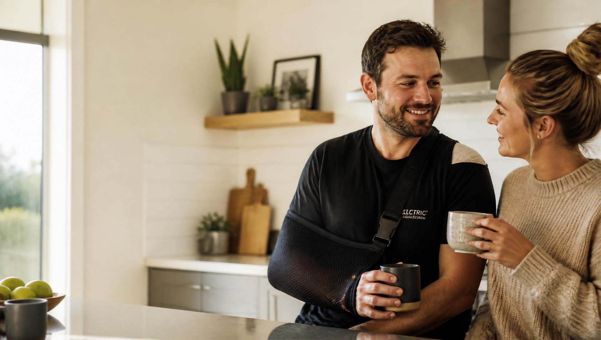 A New Zealand tradesperson with his arm in a sling sharing coffee with his partner in a bright kitchen