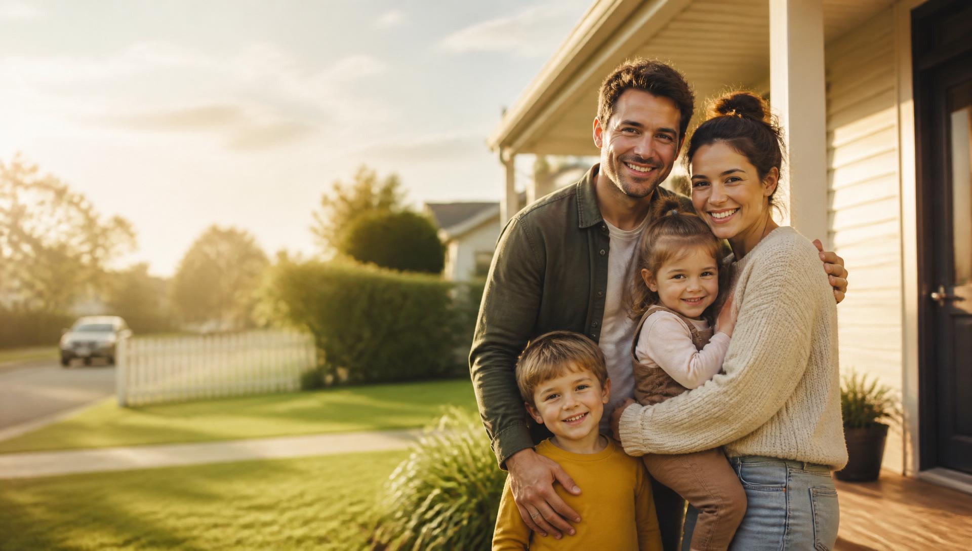 A young New Zealand family smiling together on the front porch of their suburban home at golden hour