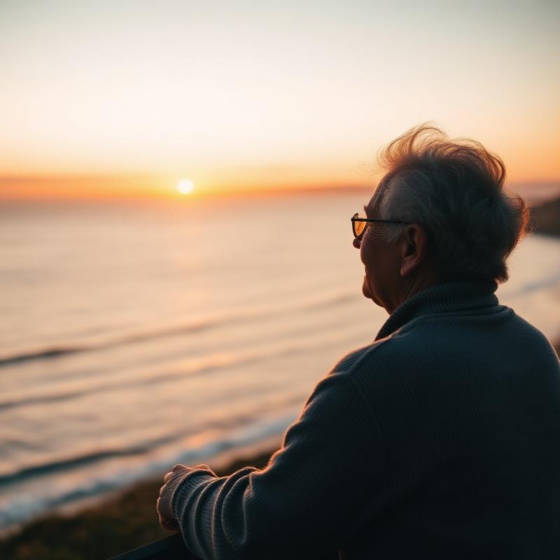 Mature New Zealander looking out to a peaceful coastal horizon at sunset