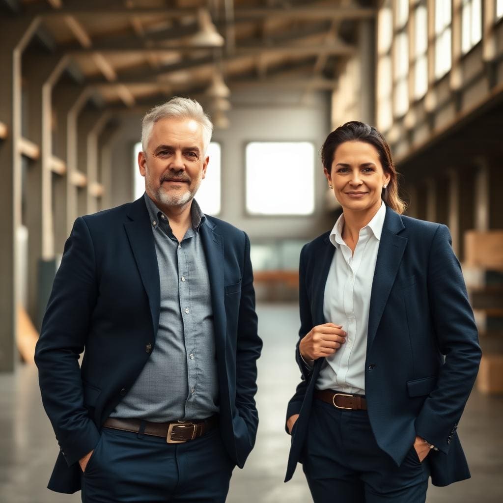 Two New Zealand business co-owners standing together in a modern warehouse office